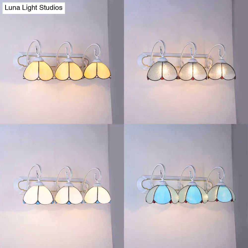 Tiffany Glass Flower Wall Sconce: 3-Headed Light With Scrolling Arm - White/Clear/Blue