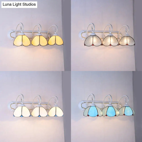 Tiffany Glass Flower Wall Sconce: 3-Headed Light With Scrolling Arm - White/Clear/Blue