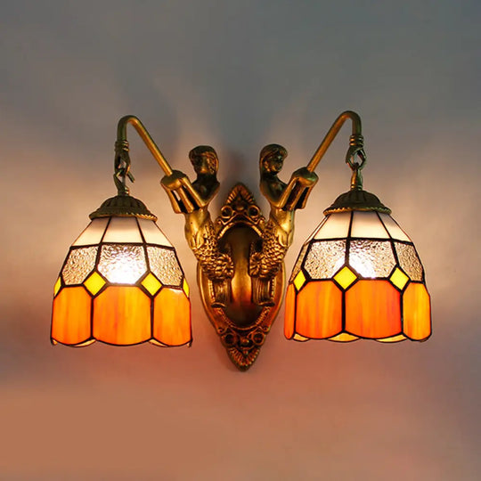 Tiffany Glass Sconce With Grid Pattern & 2 Orange/Green Heads- Wall Mounted Light Orange