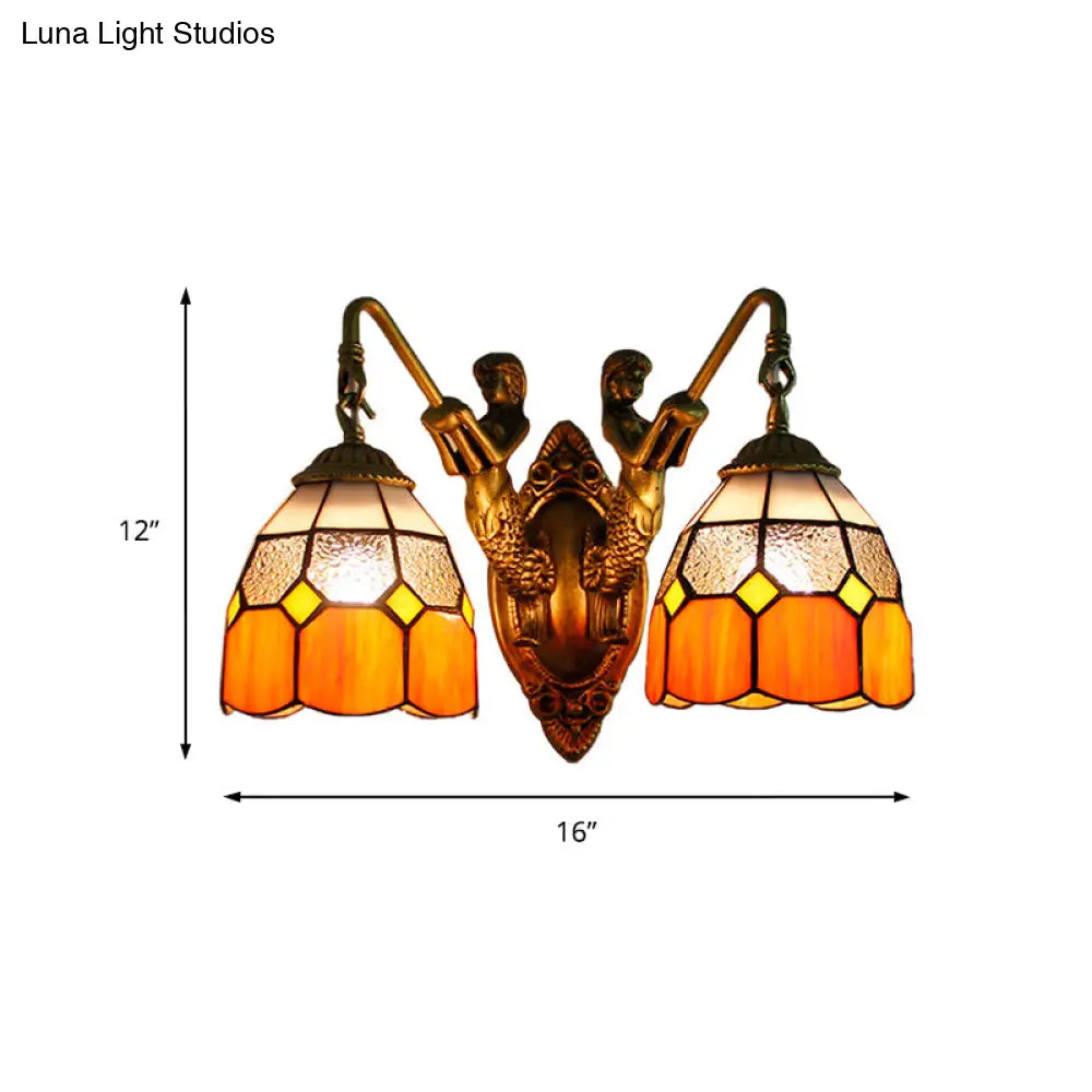 Tiffany Glass Sconce With Grid Pattern & 2 Orange/Green Heads- Wall Mounted Light