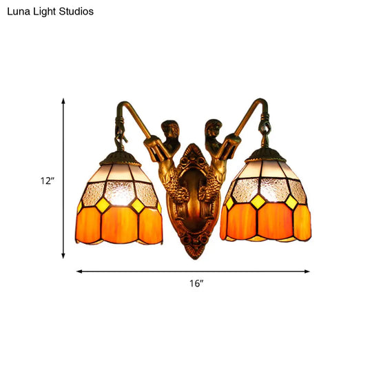 Tiffany Glass Sconce With Grid Pattern & 2 Orange/Green Heads- Wall Mounted Light