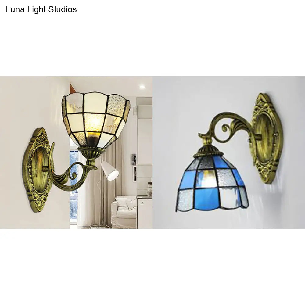 Tiffany Glass Wall Sconce In White/Blue For Bedroom Lighting