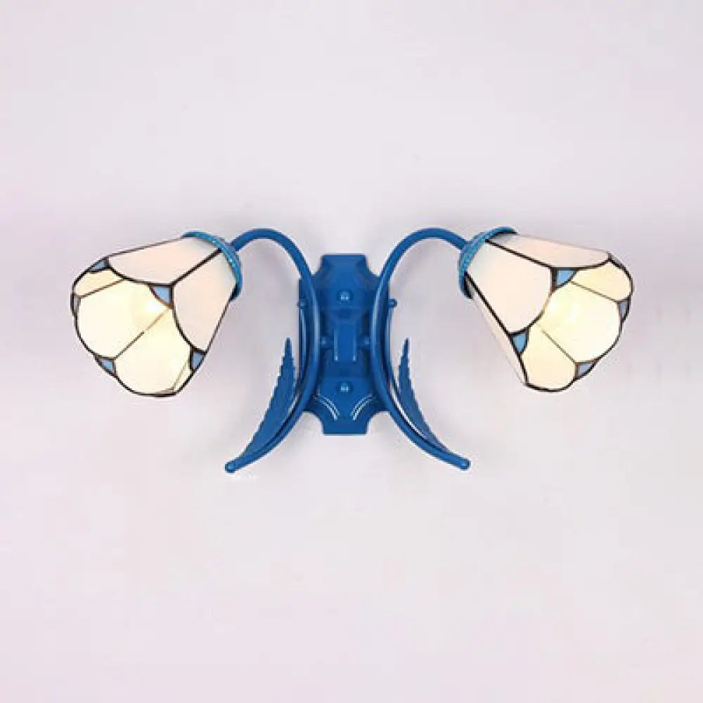 Tiffany Glass Wall Sconce Lamp With 2 Blue Curved Arms For Living Room