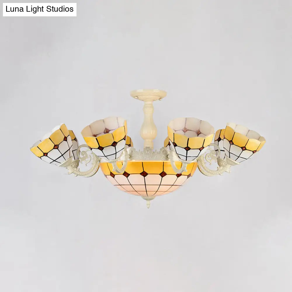 Tiffany Gold/White Stained Glass Semi Flush Mount Ceiling Light - Grid Pattern 11 Heads White