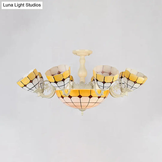 Tiffany Gold/White Stained Glass Semi Flush Mount Ceiling Light - Grid Pattern 11 Heads White