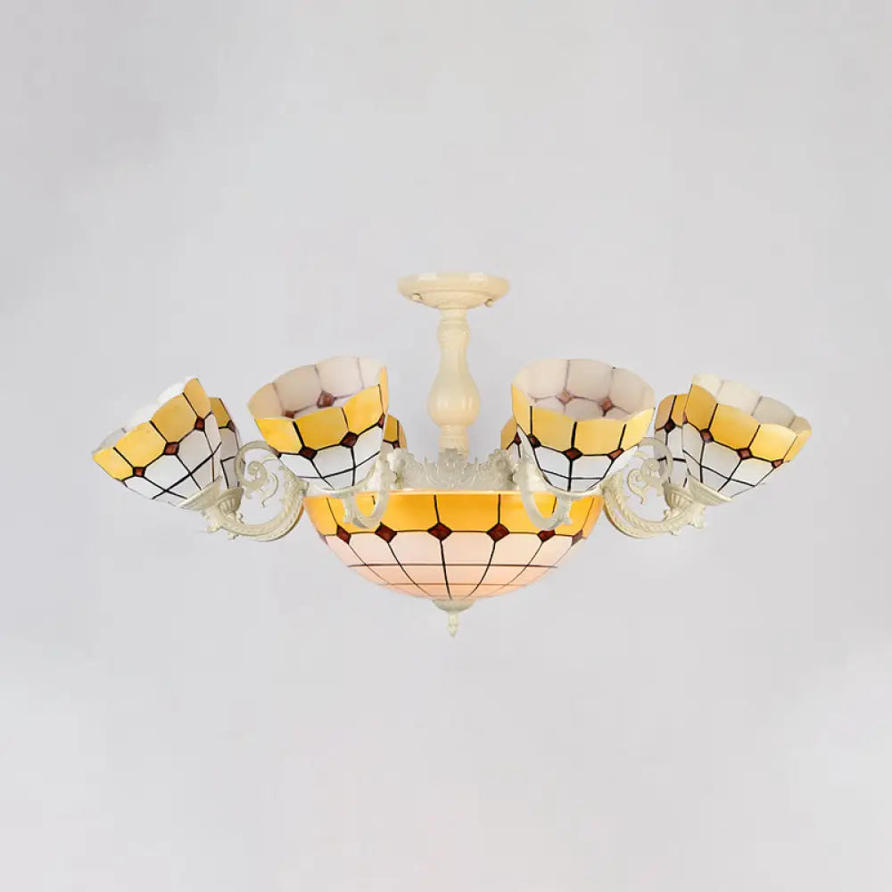 Tiffany Gold/White Stained Glass Semi Flush Mount Ceiling Light - Grid Pattern 11 Heads White