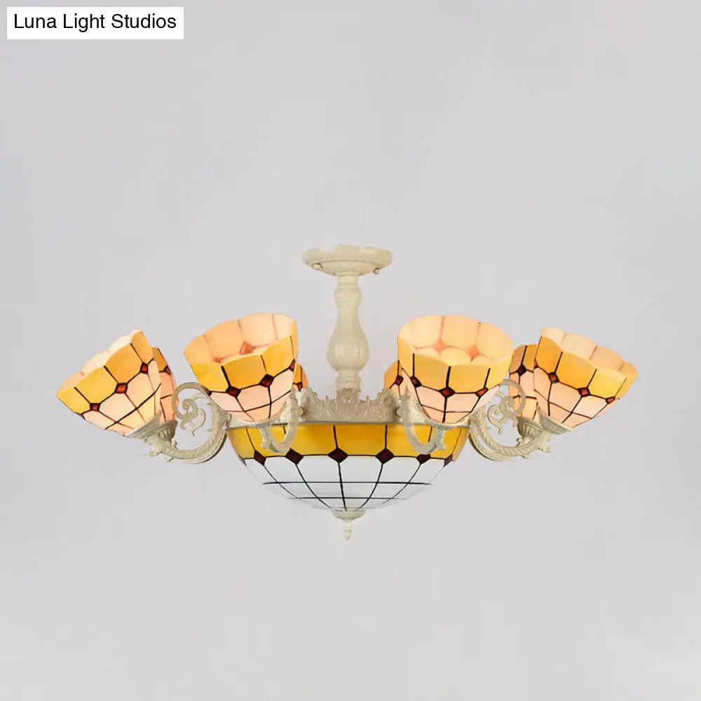 Tiffany Gold/White Stained Glass Semi Flush Mount Ceiling Light - Grid Pattern 11 Heads Gold