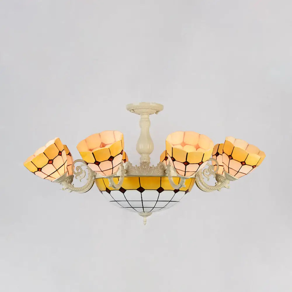 Tiffany Gold/White Stained Glass Semi Flush Mount Ceiling Light - Grid Pattern 11 Heads Gold