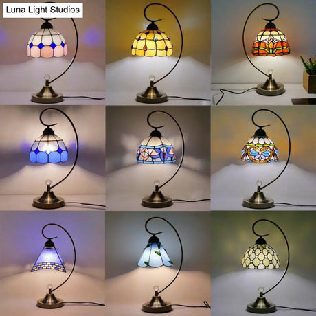 Tiffany Gooseneck Table Lamp - Metal Nightstand Light With Hand-Cut Glass Shade