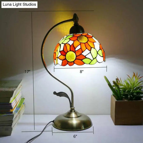 Tiffany Gooseneck Table Lamp - Metal Nightstand Light With Hand-Cut Glass Shade