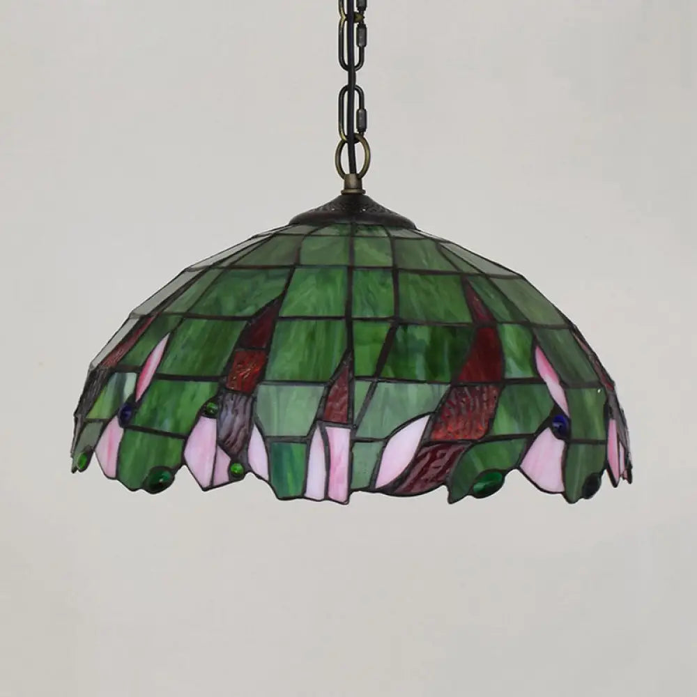 Tiffany Green Stained Glass Ceiling Pendant Light With Stylish Domed Suspension - Perfect For