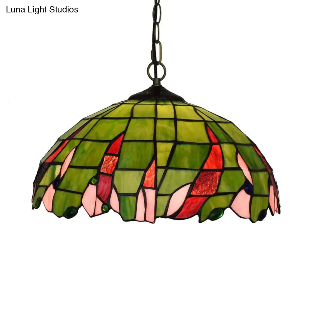 Tiffany Green Stained Glass Ceiling Pendant Light With Stylish Domed Suspension - Perfect For