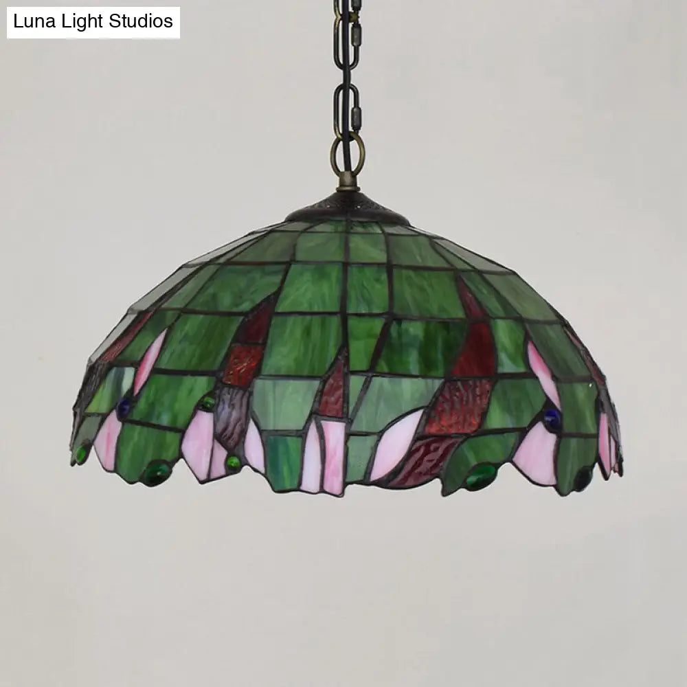 Stylish Green Tiffany Ceiling Pendant Light - Stained Glass Domed Suspension Lamp For Bedroom