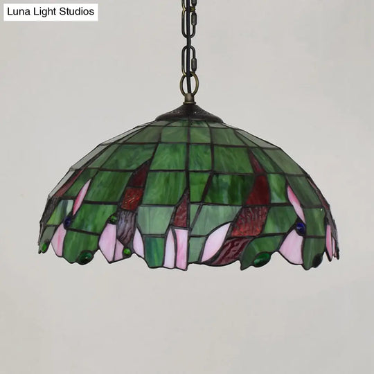 Stylish Green Tiffany Ceiling Pendant Light - Stained Glass Domed Suspension Lamp For Bedroom