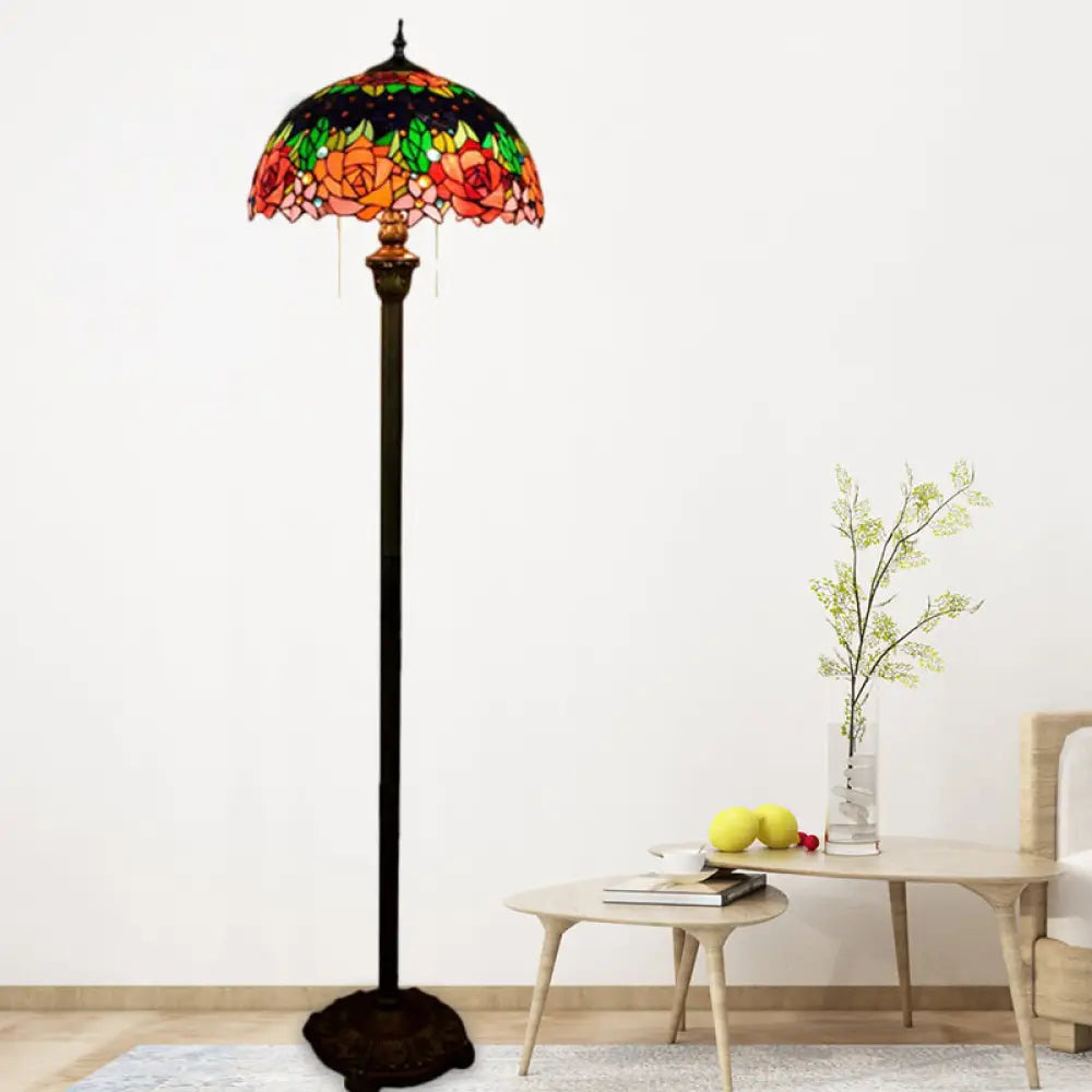 Tiffany Hand Cut Glass Floor Lamp: Floral Design Green Finish With Pull Chain And Dome Shade - 2