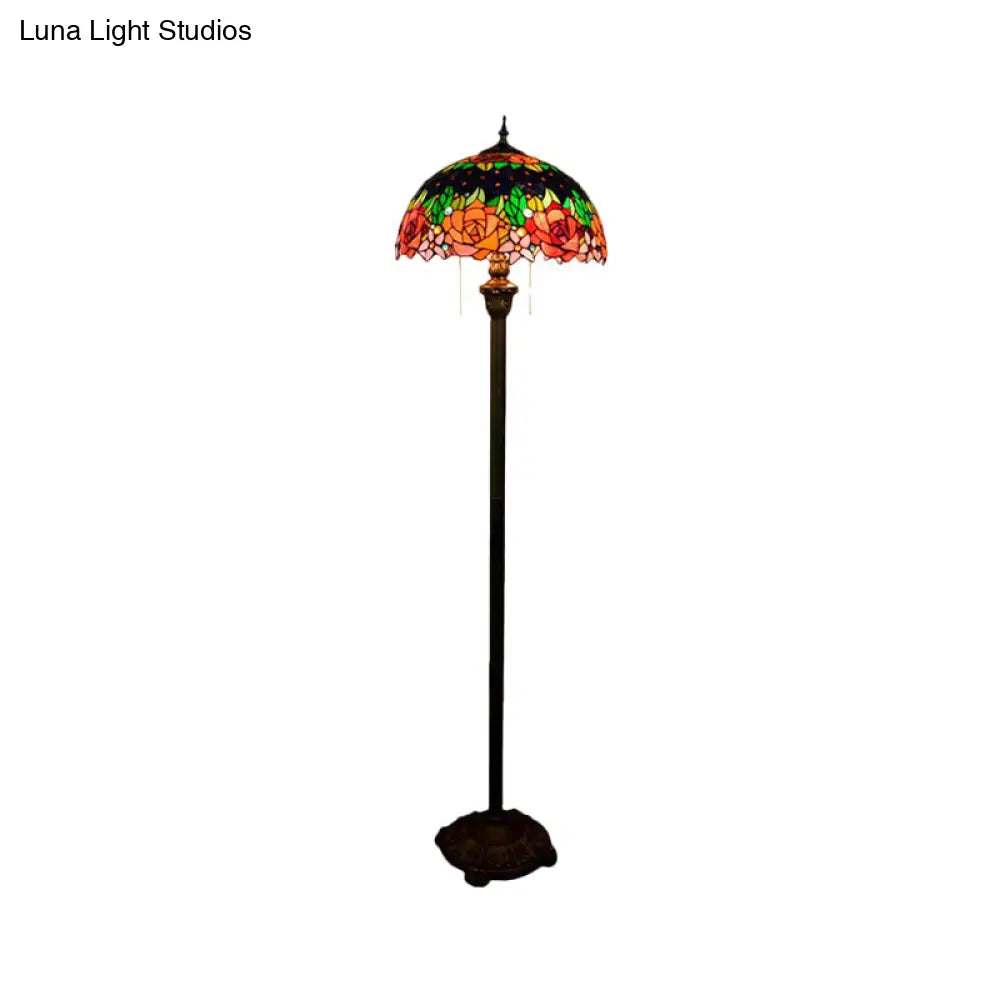 Tiffany Hand Cut Glass Floor Lamp: Floral Design Green Finish With Pull Chain And Dome Shade - 2