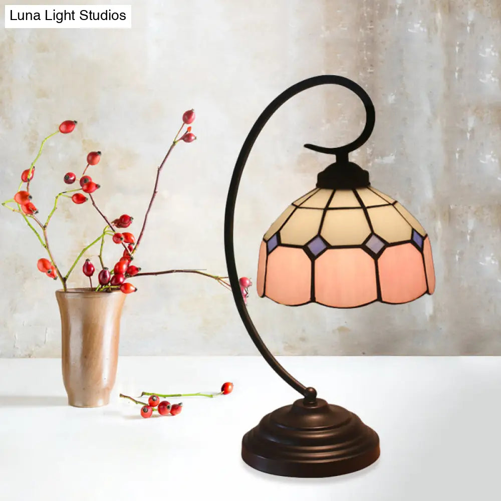 Tiffany Hand Cut Glass Red/Pink Grid Patterned Nightstand Lamp With Domed Shape And Curved Arm