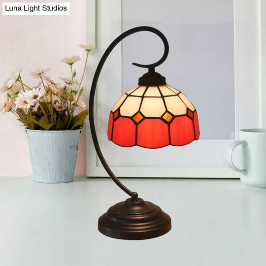 Tiffany Hand Cut Glass Red/Pink Grid Patterned Nightstand Lamp With Domed Shape And Curved Arm