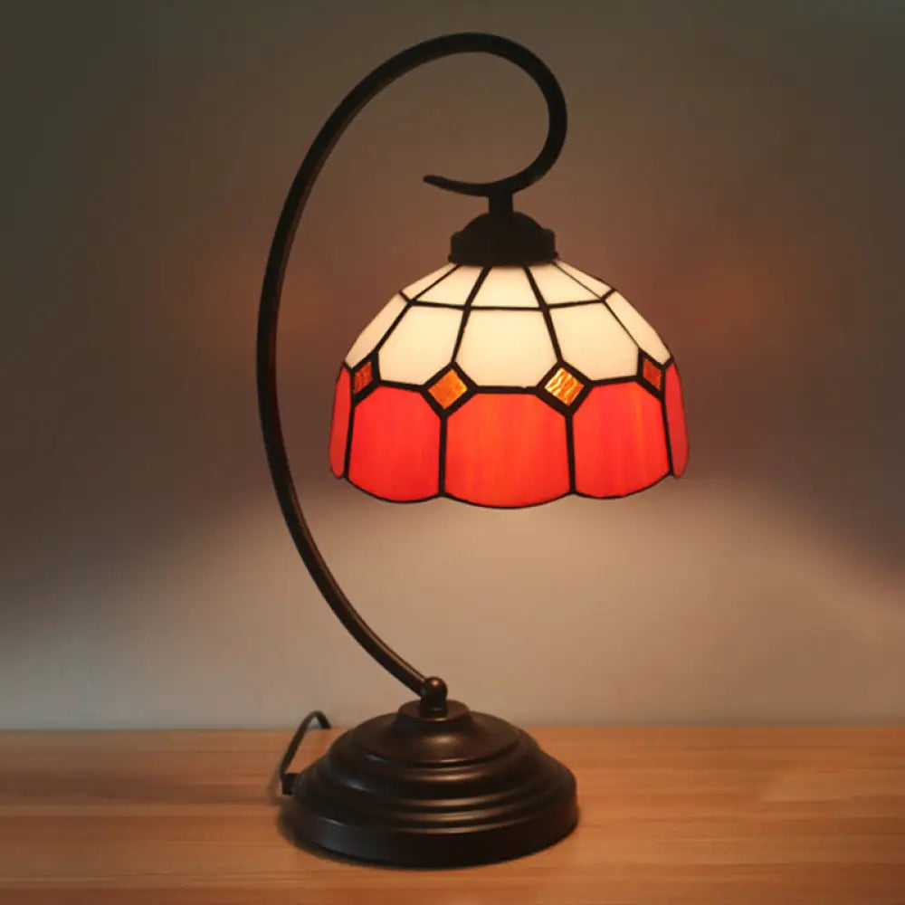 Tiffany Hand Cut Glass Red/Pink Grid Patterned Nightstand Lamp With Domed Shape And Curved Arm