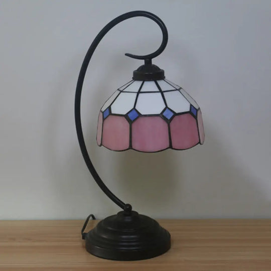 Tiffany Hand Cut Glass Red/Pink Grid Patterned Nightstand Lamp With Domed Shape And Curved Arm