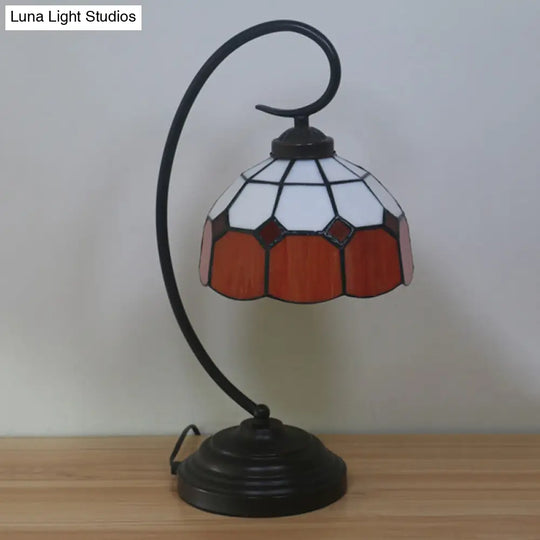 Tiffany Hand Cut Glass Red/Pink Grid Patterned Nightstand Lamp With Domed Shape And Curved Arm