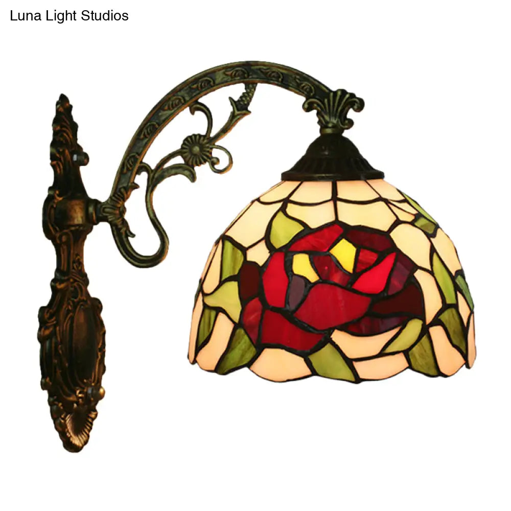 Tiffany Hand-Cut Glass Wall Mount Light Fixture - Rose/Sunflower Design With 1 Red/Green Elegant