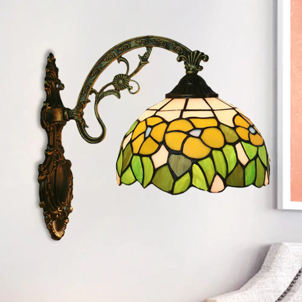 Tiffany Hand-Cut Glass Wall Mount Light Fixture - Rose/Sunflower Design With 1 Red/Green Elegant