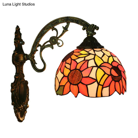 Tiffany Hand-Cut Glass Wall Mount Light Fixture - Rose/Sunflower Design With 1 Red/Green Elegant