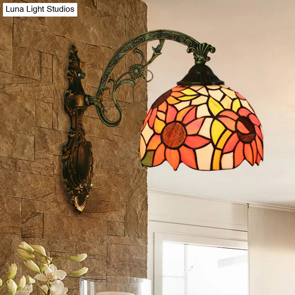 Tiffany Hand-Cut Glass Wall Mount Light Fixture - Rose/Sunflower Design With 1 Red/Green Elegant