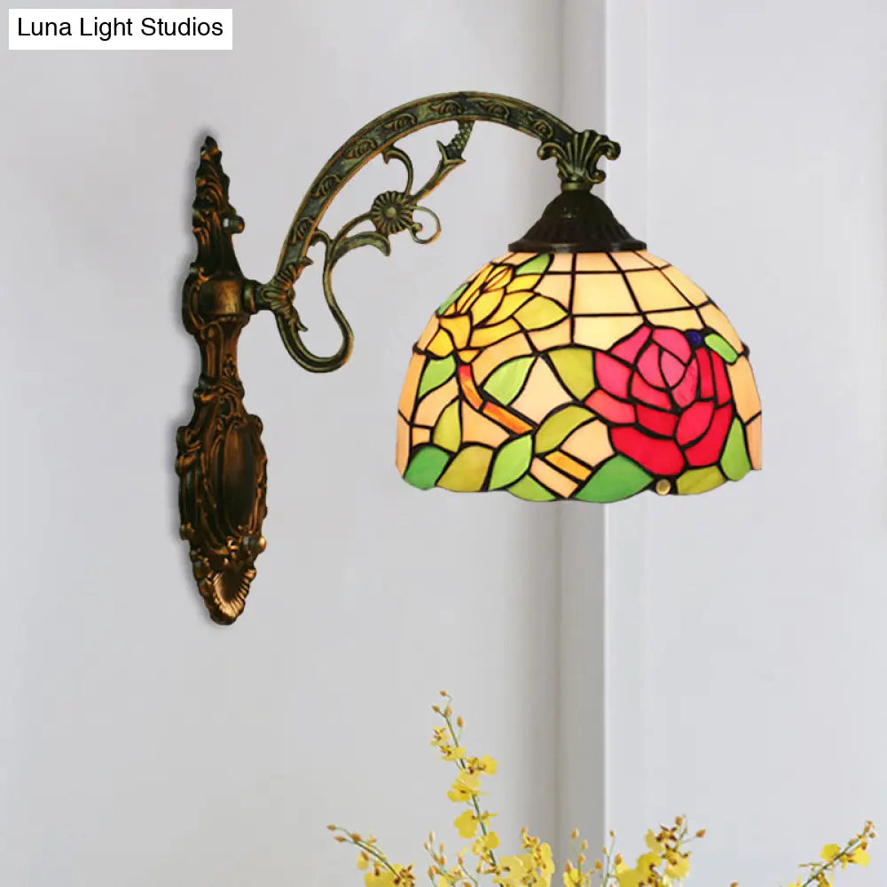 Tiffany Hand-Cut Glass Wall Mount Light Fixture - Rose/Sunflower Design With 1 Red/Green Elegant