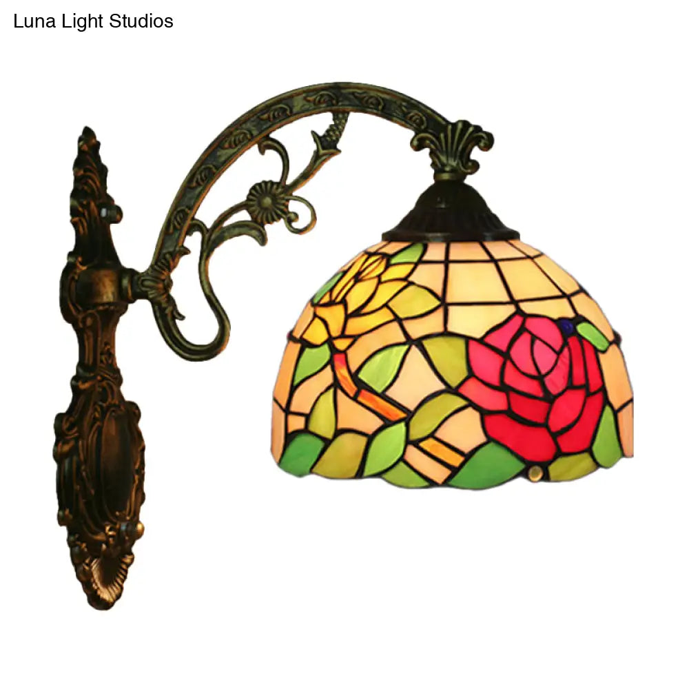 Tiffany Hand-Cut Glass Wall Mount Light Fixture - Rose/Sunflower Design With 1 Red/Green Elegant