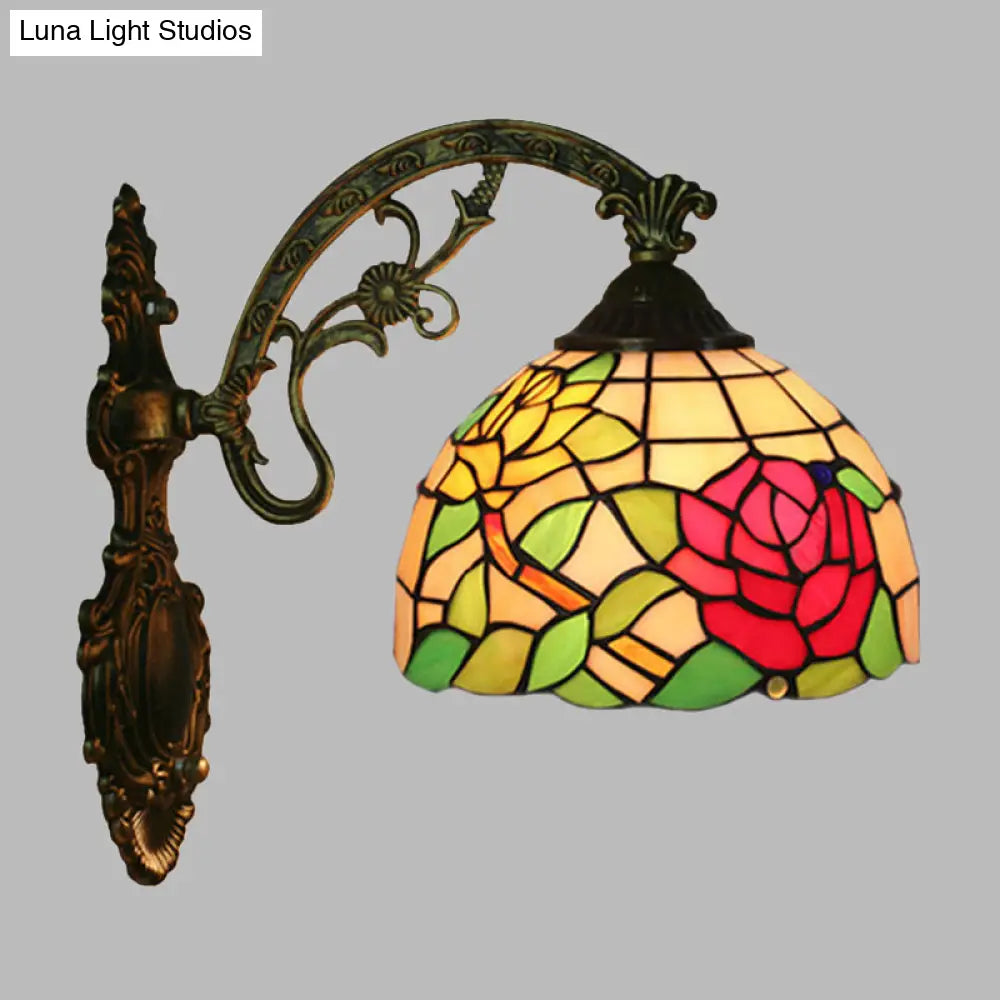 Tiffany Hand-Cut Glass Wall Mount Light Fixture - Rose/Sunflower Design With 1 Red/Green Elegant