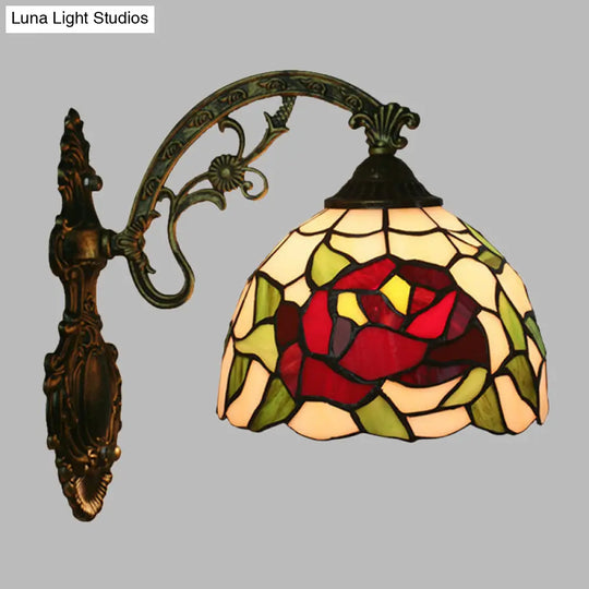 Tiffany Hand-Cut Glass Wall Mount Light Fixture - Rose/Sunflower Design With 1 Red/Green Elegant