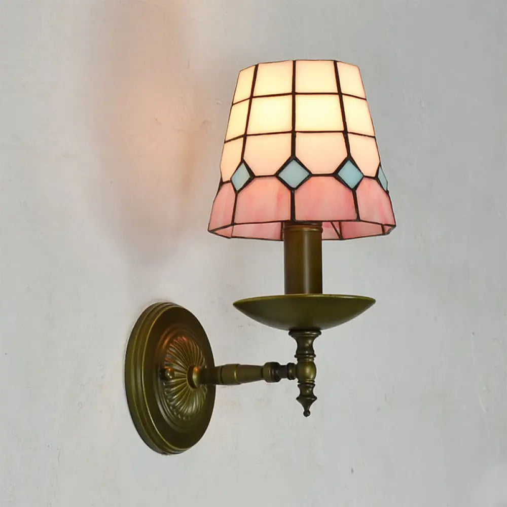 Tiffany Hand-Cut Glass Wall Sconce Light With Grid Pattern In Orange/Blue/Green Pink