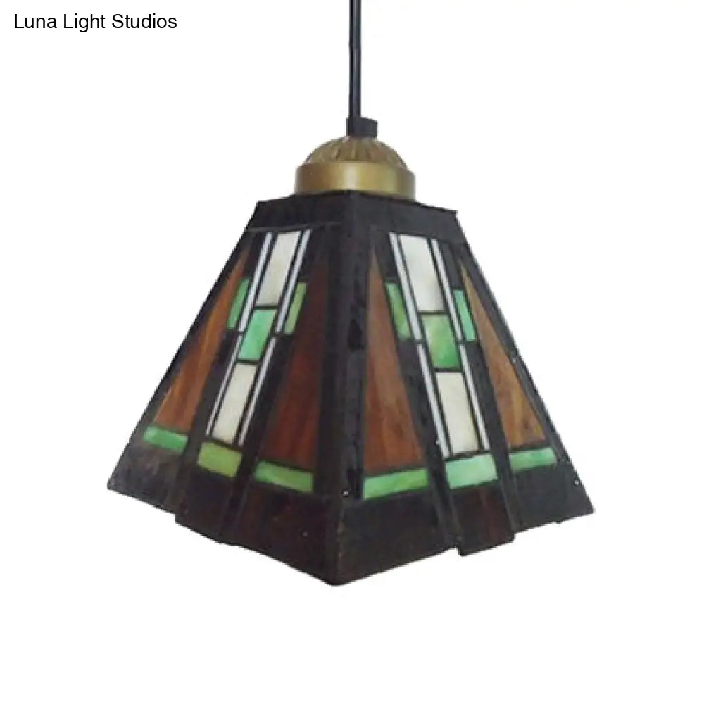 Tiffany Hand Rolled Art Glass Ceiling Light - Single Head Trapezoid Pendant In Black And Brown