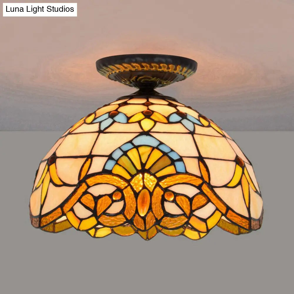 Tiffany Hand Rolled Art Glass Floral Flush Mount Light With Yellow/Blue Shade 12/16 W Yellow / 12