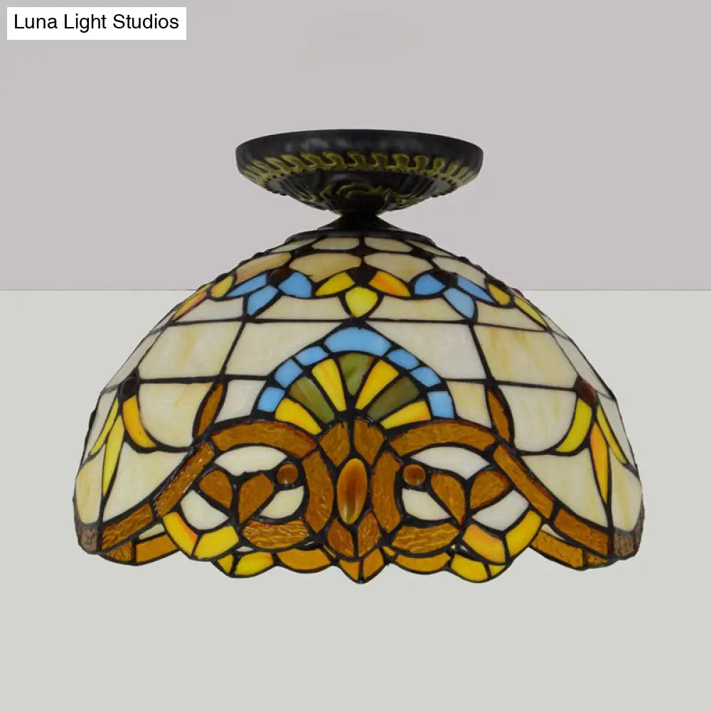 Tiffany Hand Rolled Art Glass Floral Flush Mount Light With Yellow/Blue Shade 12’/16’ W