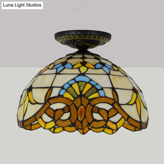 Tiffany Hand Rolled Art Glass Floral Flush Mount Light With Yellow/Blue Shade 12’/16’ W