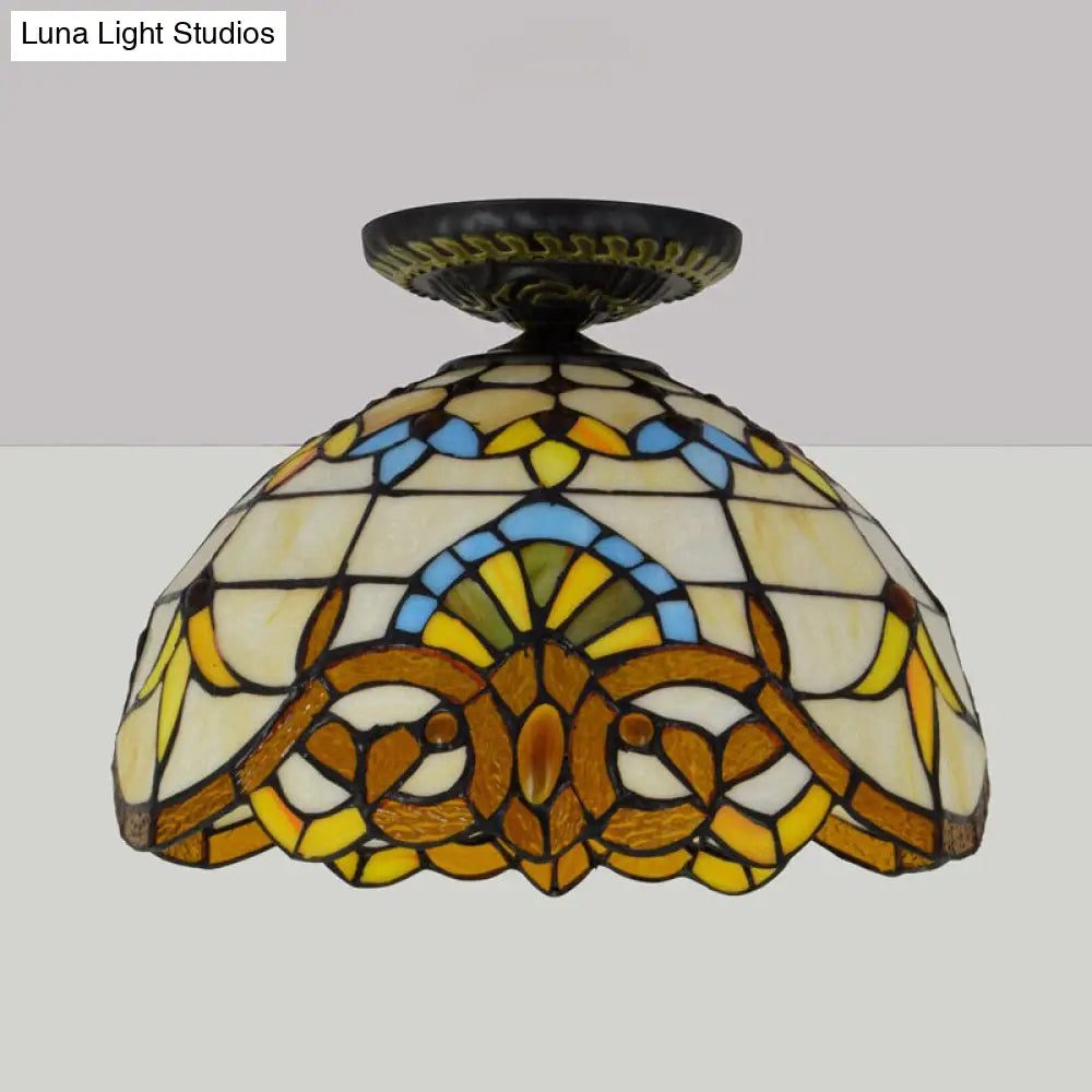 Tiffany Hand Rolled Art Glass Floral Flush Mount Light With Yellow/Blue Shade 12/16 W