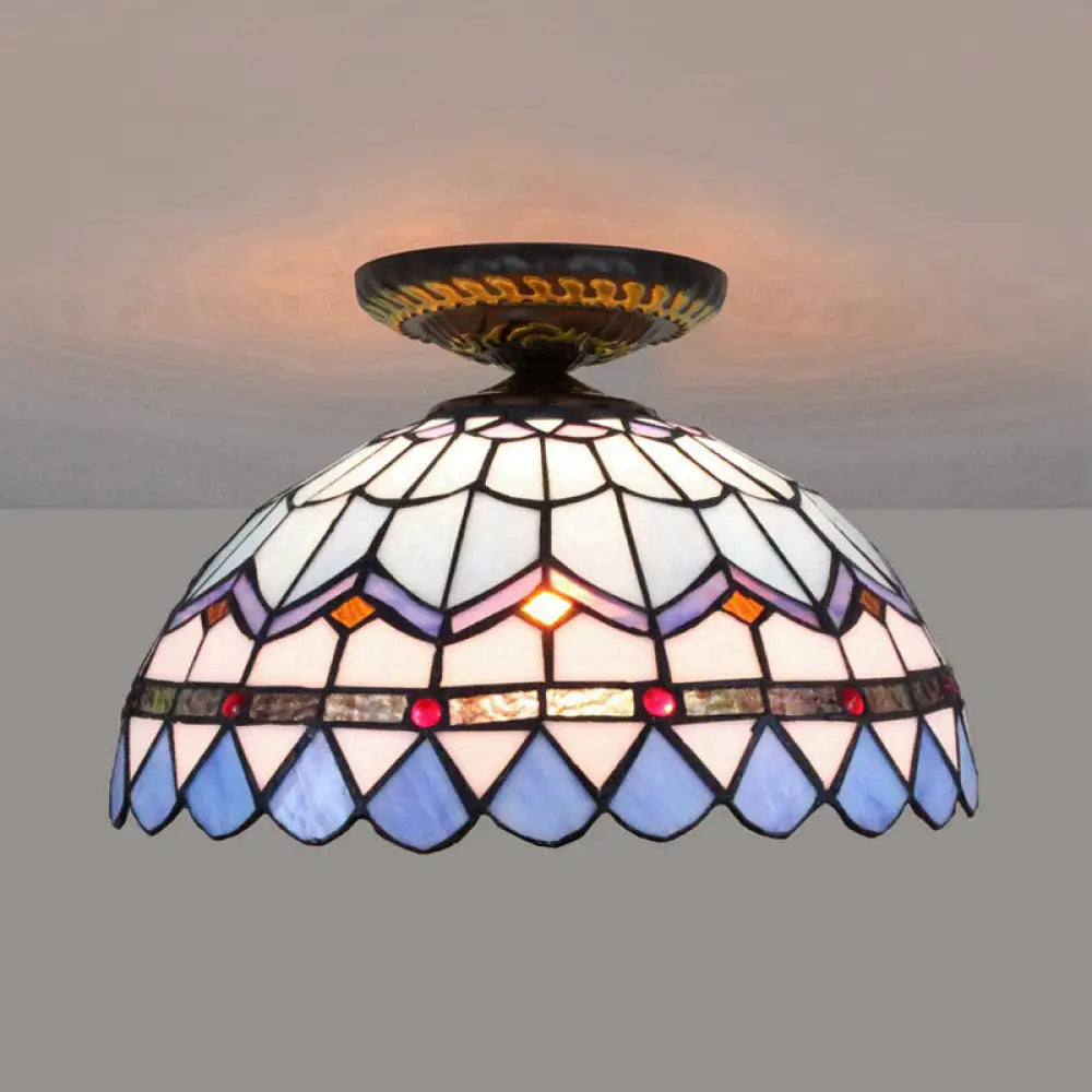 Tiffany Hand Rolled Art Glass Floral Flush Mount Light With Yellow/Blue Shade 12’/16’ W Blue / 12’