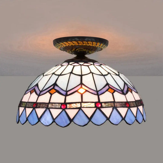 Tiffany Hand Rolled Art Glass Floral Flush Mount Light With Yellow/Blue Shade 12’/16’ W Blue / 12’