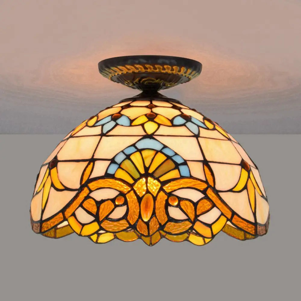 Tiffany Hand Rolled Art Glass Floral Flush Mount Light With Yellow/Blue Shade 12’/16’ W Yellow / 12’