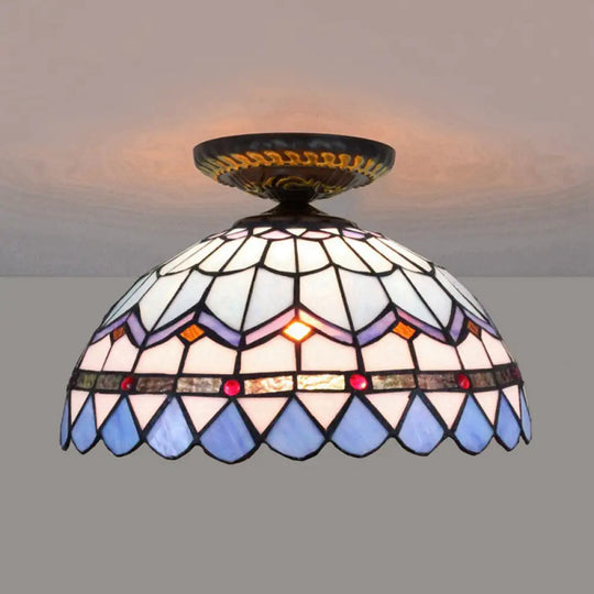 Tiffany Hand Rolled Art Glass Floral Flush Mount Light With Yellow/Blue Shade 12’/16’ W Blue / 16’