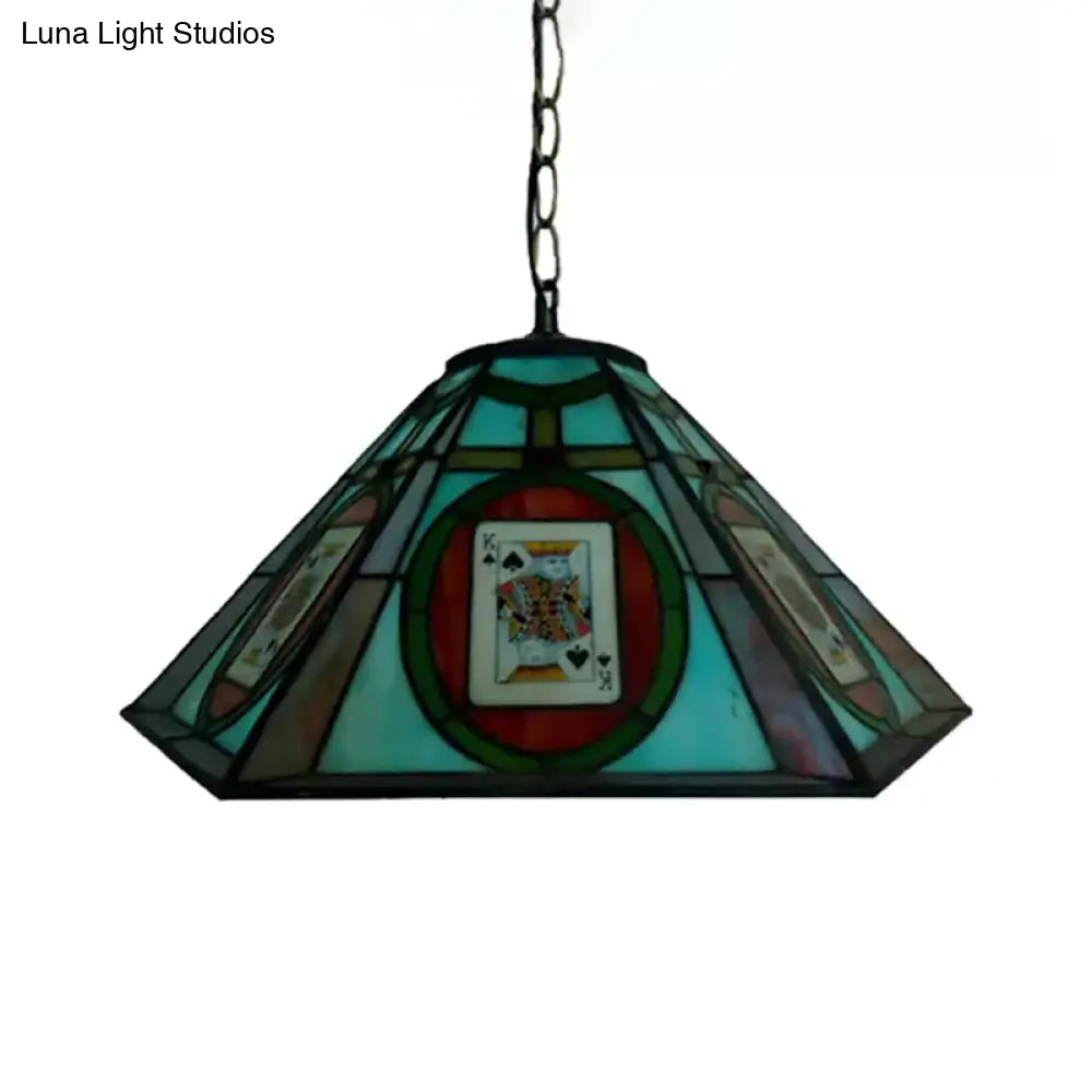 Tiffany Hand Rolled Art Glass Spade/Poker Hanging Lamp Kit - 3-Light Black Suspended Lighting For