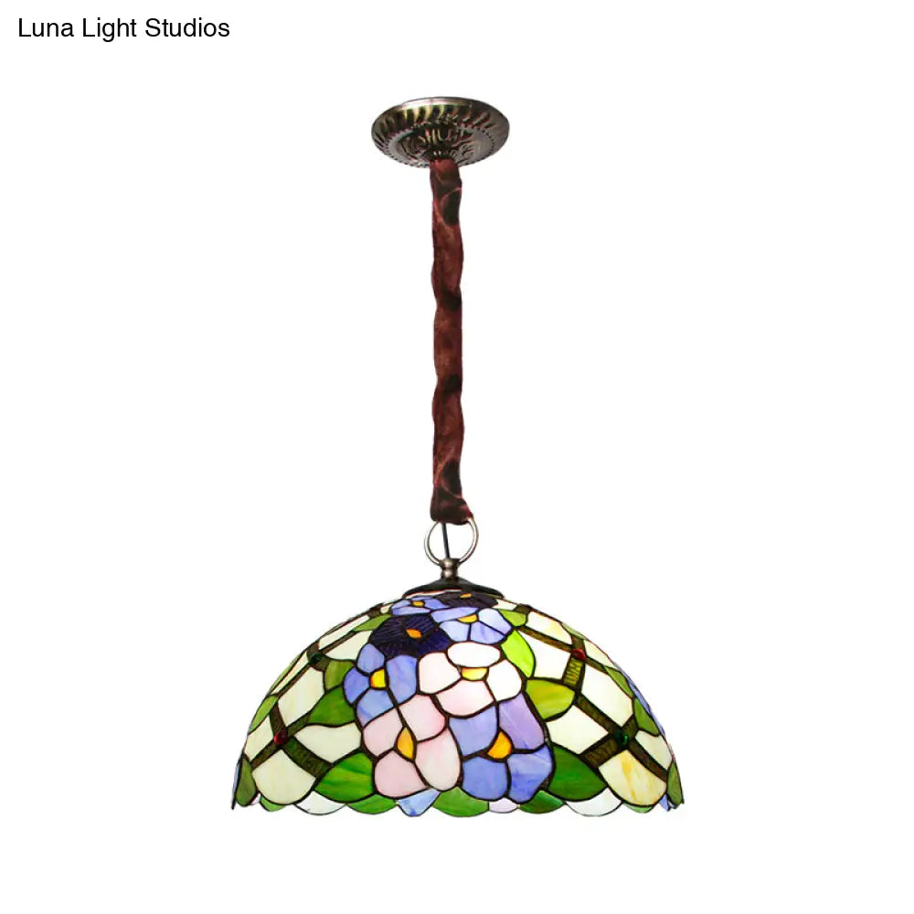 Tiffany Handcrafted Stained Glass Bronze Ceiling Chandelier - Domed Suspension Pendant With 3