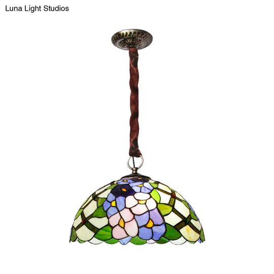 Tiffany Handcrafted Stained Glass Bronze Ceiling Chandelier - Domed Suspension Pendant With 3