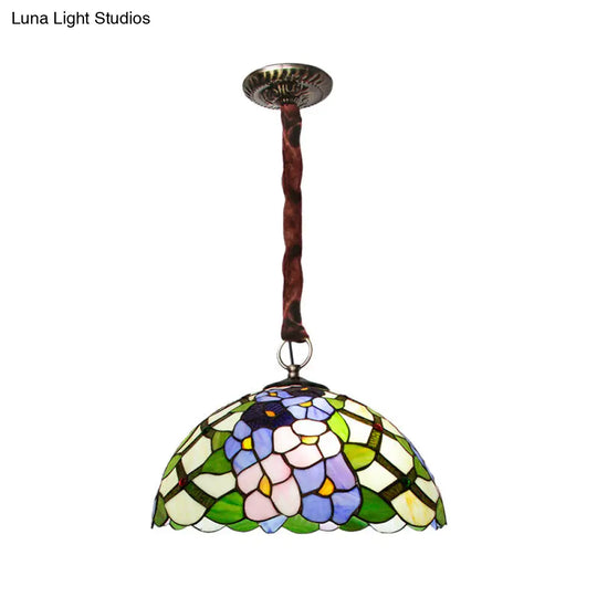 Tiffany Handcrafted Stained Glass 3-Light Domed Suspension Pendant With Flower Pattern