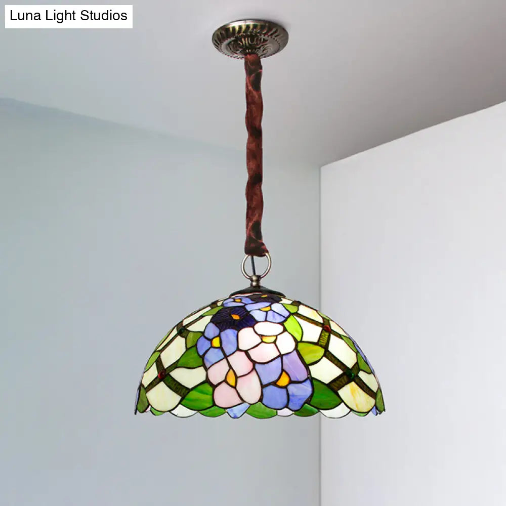 Tiffany Handcrafted Stained Glass Bronze Ceiling Chandelier - Domed Suspension Pendant With 3