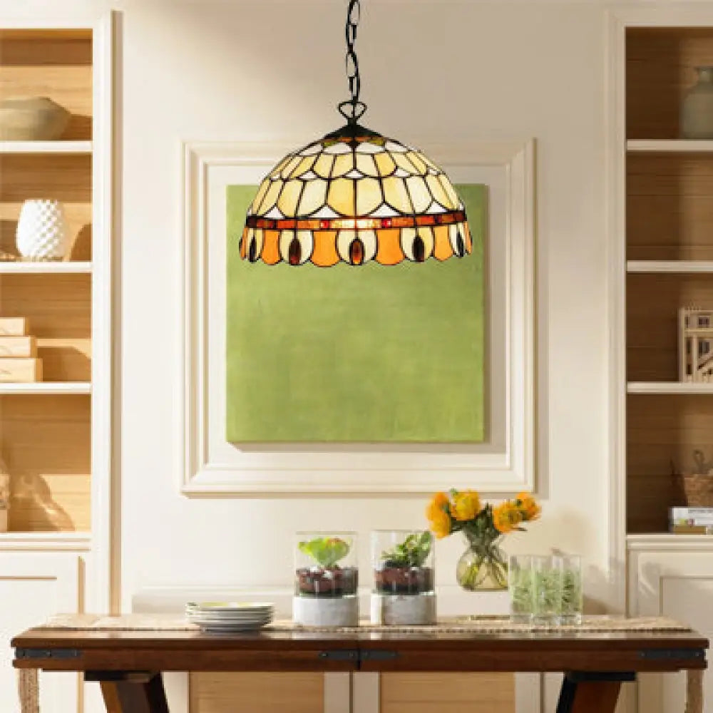 Tiffany Jeweled Pendant Lamp: Circle/Gem Pattern Stained Glass Shade Chain Included Ideal For