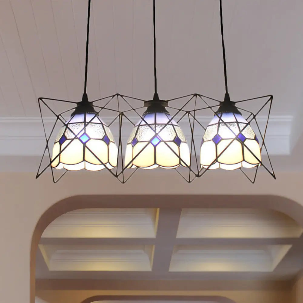 Tiffany Kitchen Pendant Light: Grid Bowl Design With Wire Frame Glass 3 Heads Dark Blue